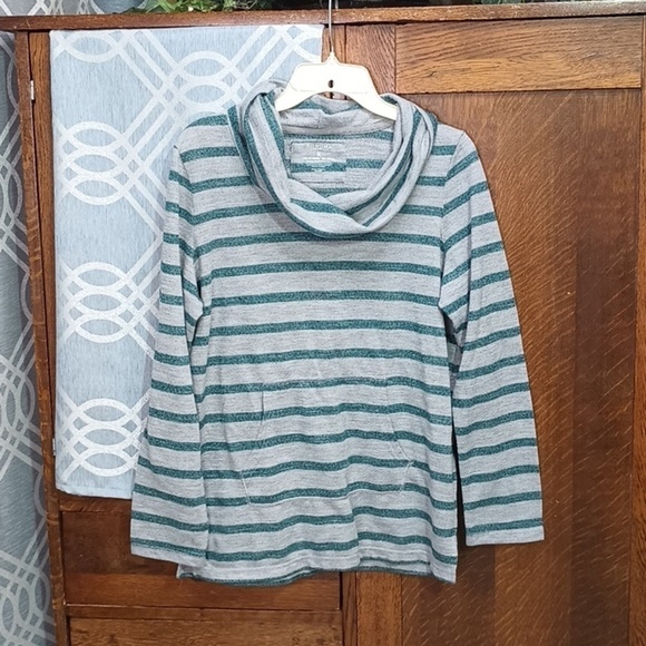 Sonoma Tops - C1-50 Cowl Neck Gray & Forest Green Striped Long Sleeve Swing Sweatshirt (Med)